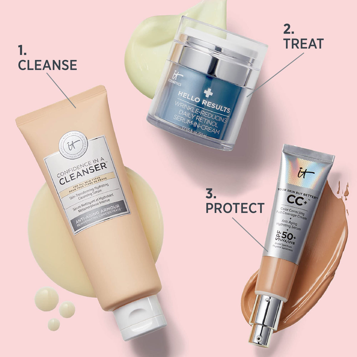 IT Cosmetics jar on bathroom shelf during morning routine showing layering with SPF