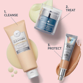 IT Cosmetics jar on bathroom shelf during morning routine showing layering with SPF