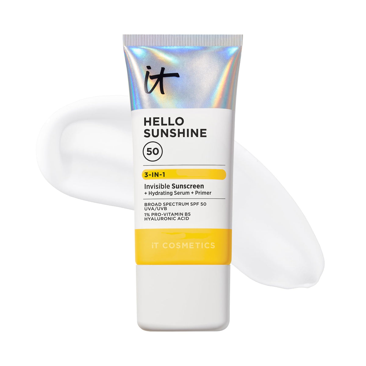 IT Cosmetics front packaging of Hello Sunshine showing clear SPF 50 bottle and benefit