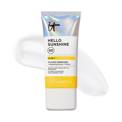 IT Cosmetics front packaging of Hello Sunshine showing clear SPF 50 bottle and benefit