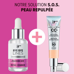 IT Cosmetics woman applying serum in mirror showing boosted skin confidence benefit