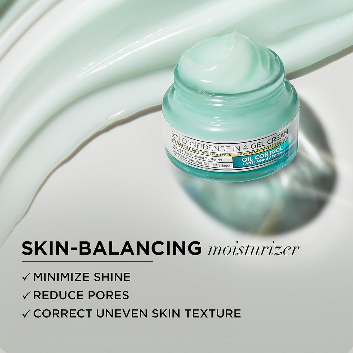 IT Cosmetics moisturizer applied on cheek showing reduced shine and smoother texture
