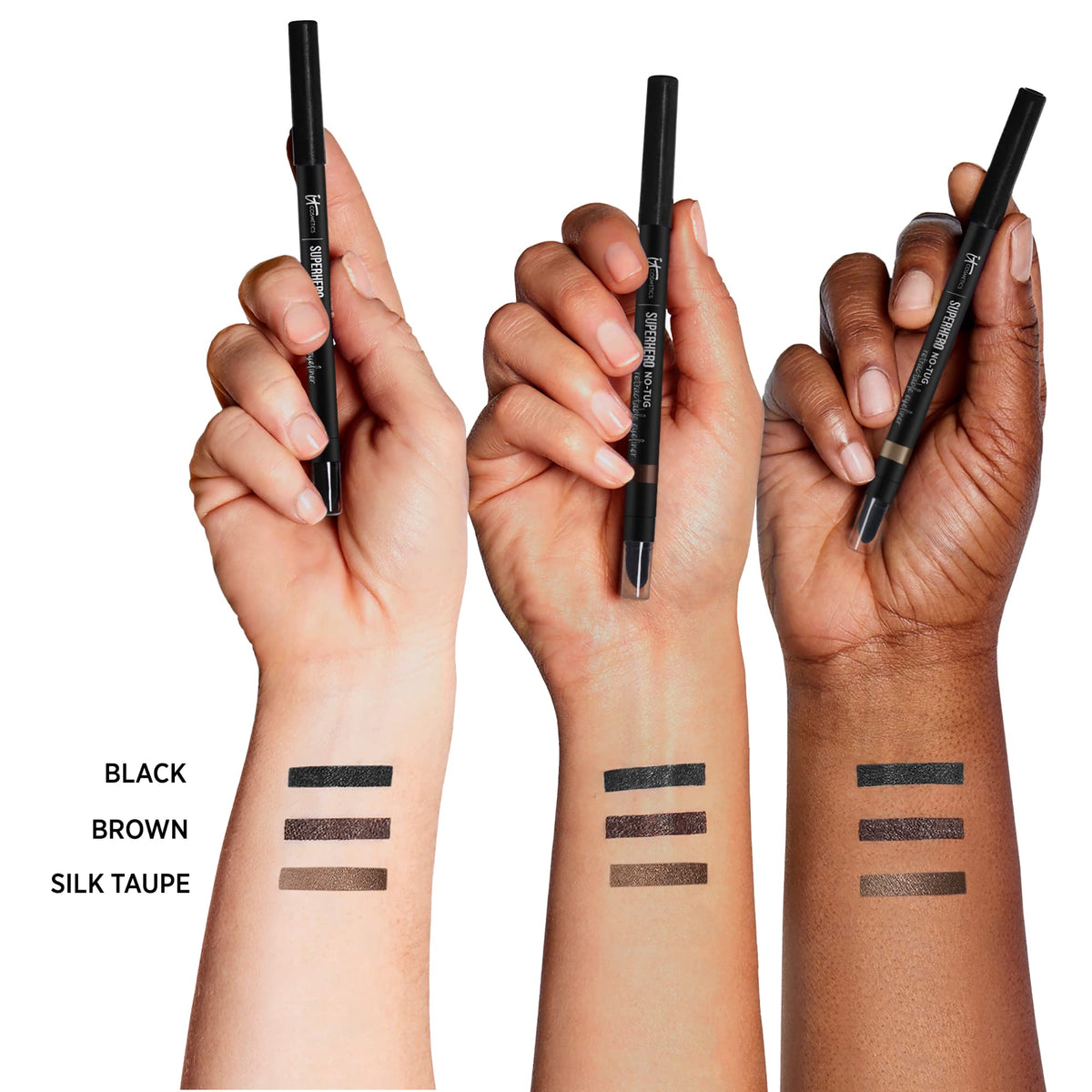 IT Cosmetics eyeliner held in hand showing compact size and easy-to-twist mechanism