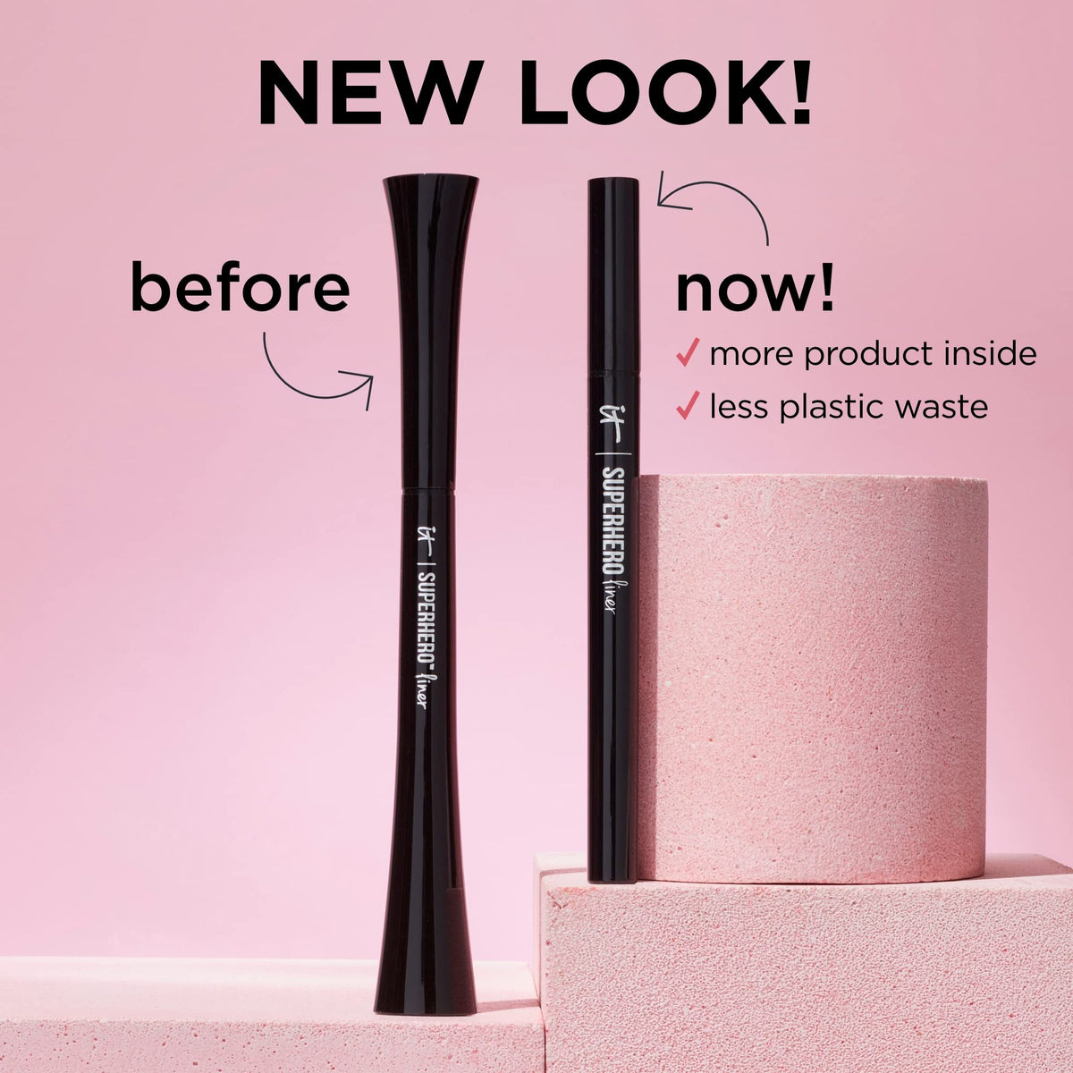 IT Cosmetics eyeliner placed inside makeup bag illustrating compact size and on-the-go use