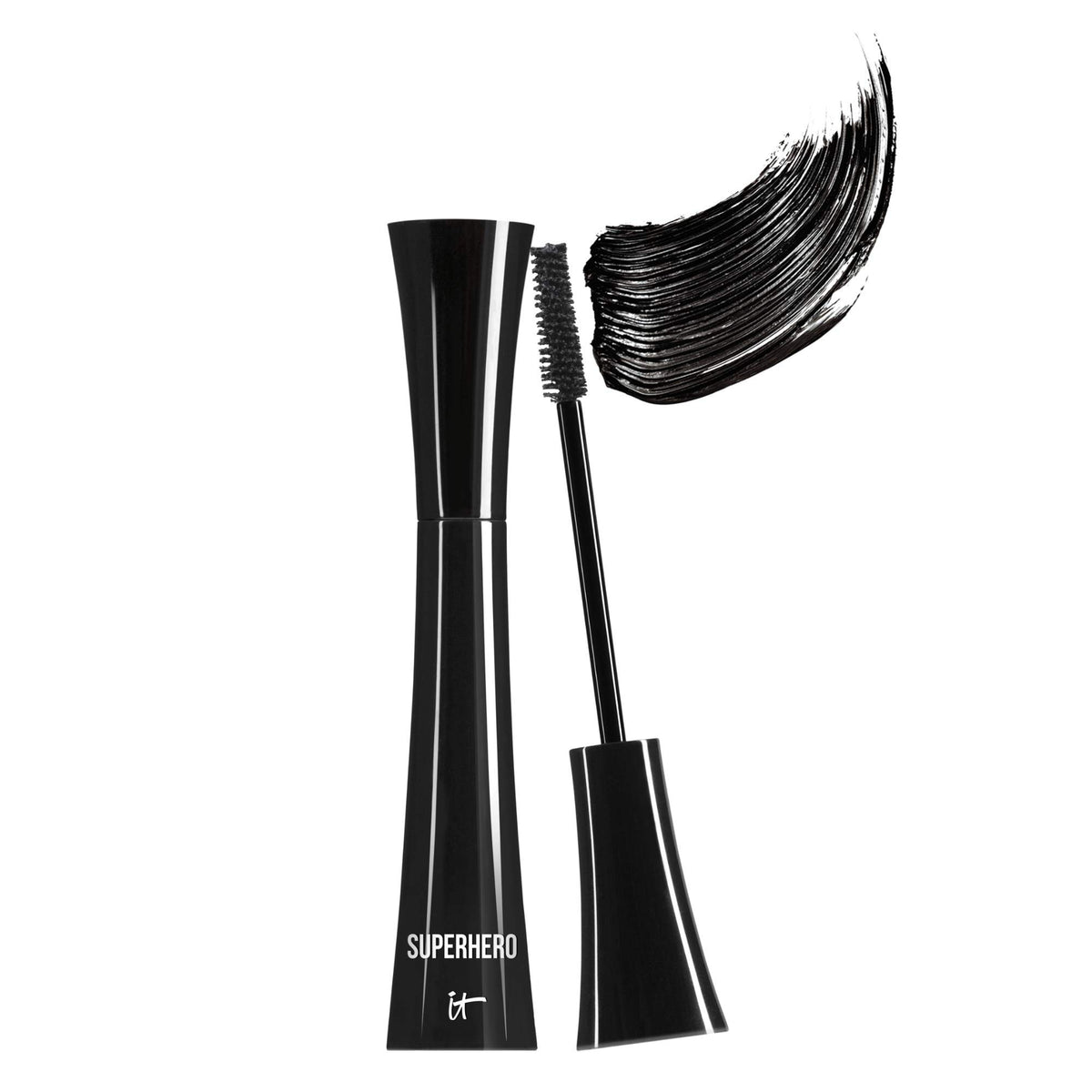 IT Cosmetics Superhero Mascara front packaging showing compact tube and label benefits
