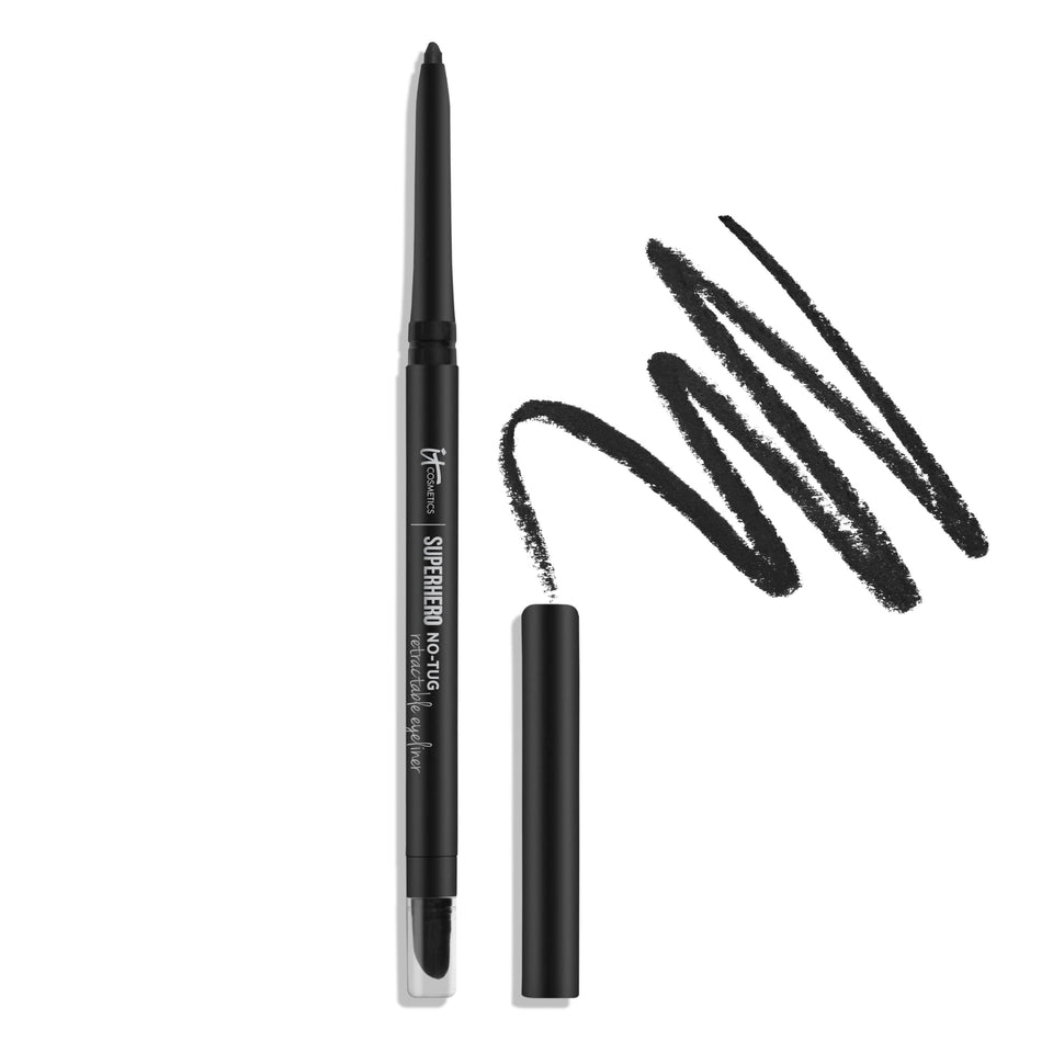 IT Cosmetics front packaging showing black retractable eyeliner for travel convenience