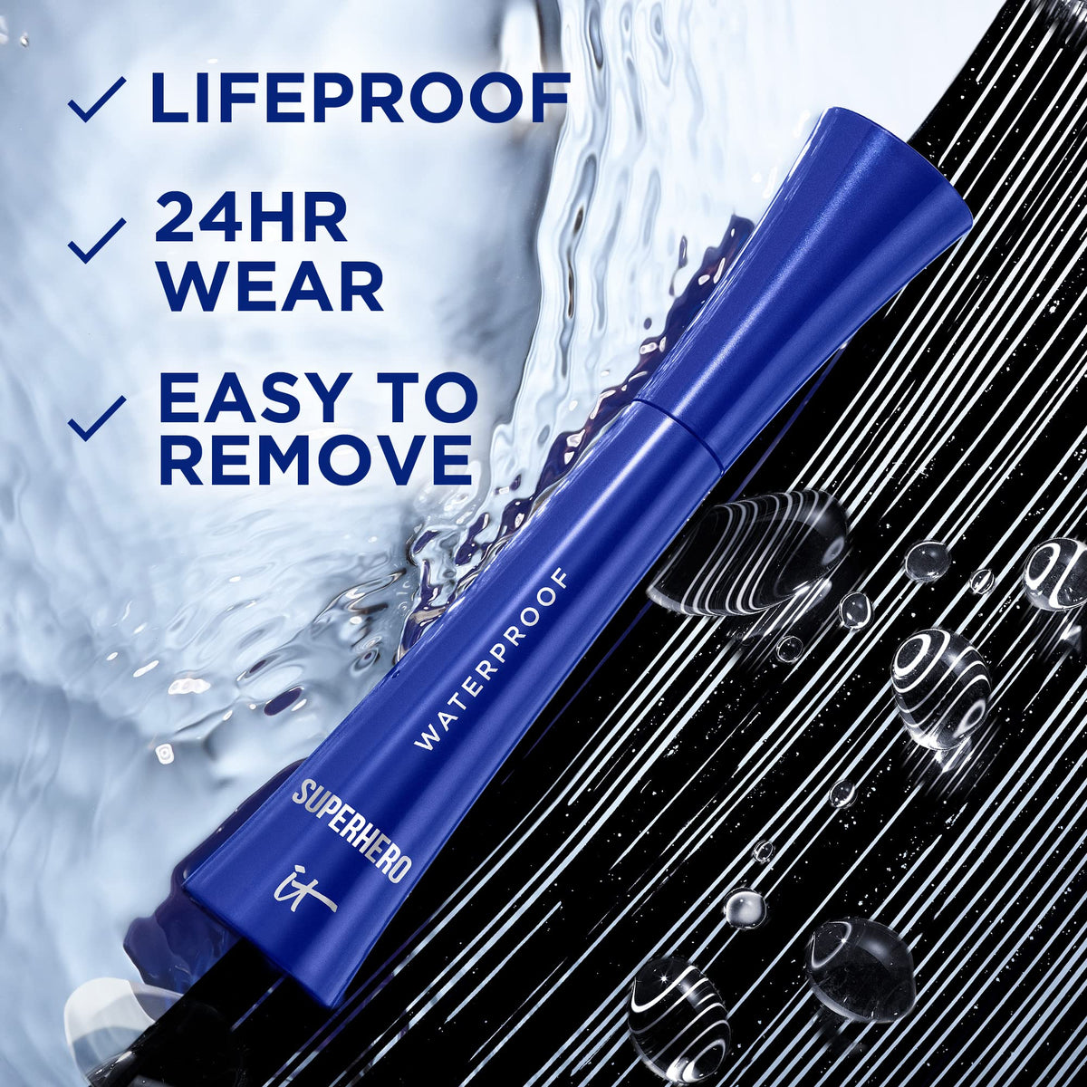 IT Cosmetics mascara texture swirl demonstrating rich super-black pigment and smooth glide