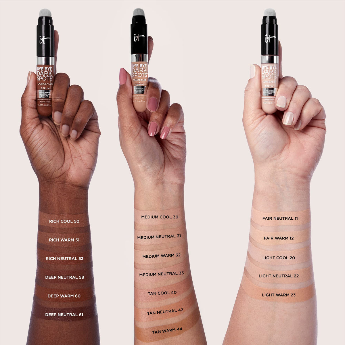 IT Cosmetics texture swatches on skin showing natural finish and blendability