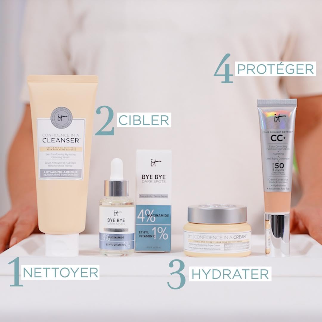 IT Cosmetics bottle beside sink as part of morning skincare routine