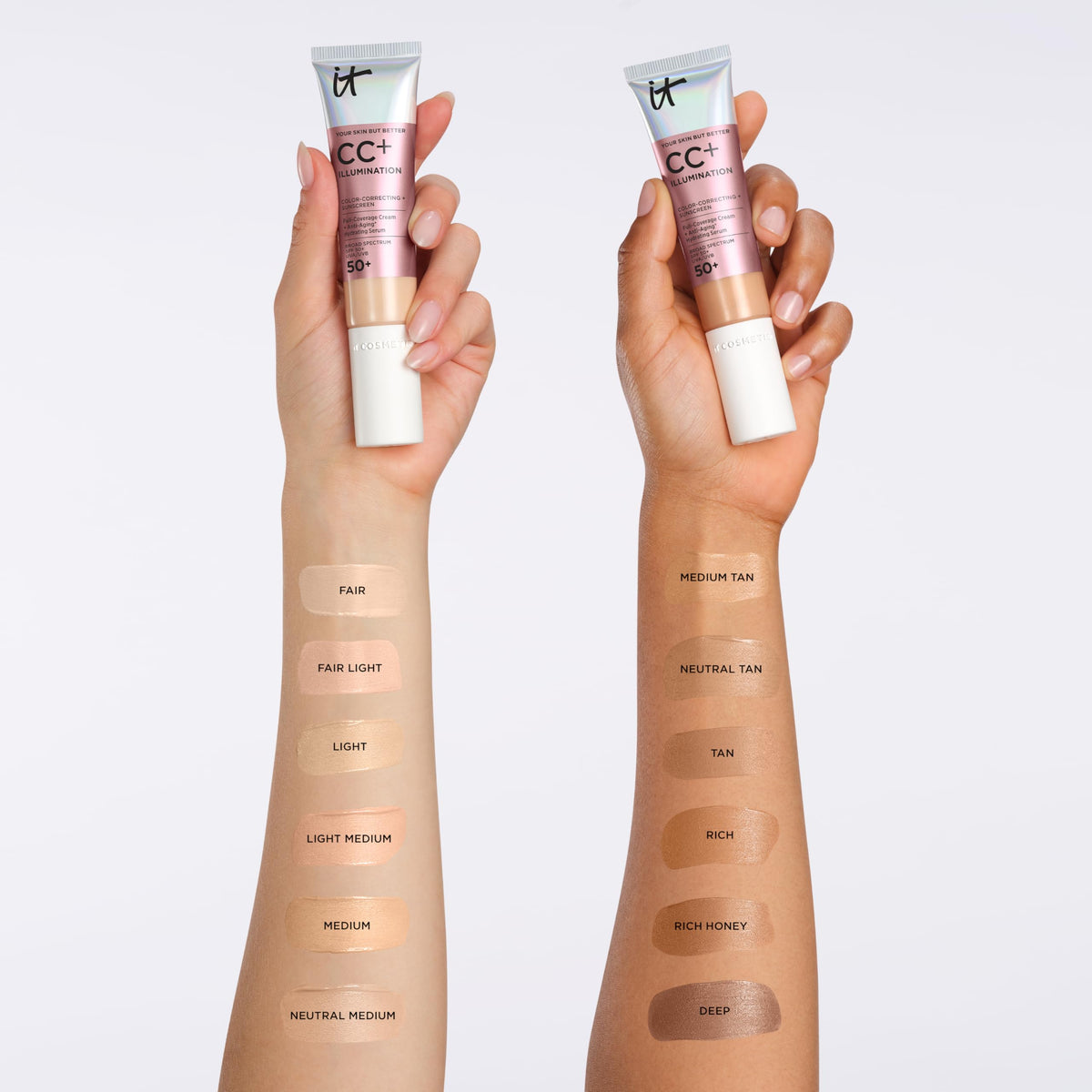 IT Cosmetics product applied with brush showing crease-free finish and natural glow benefit