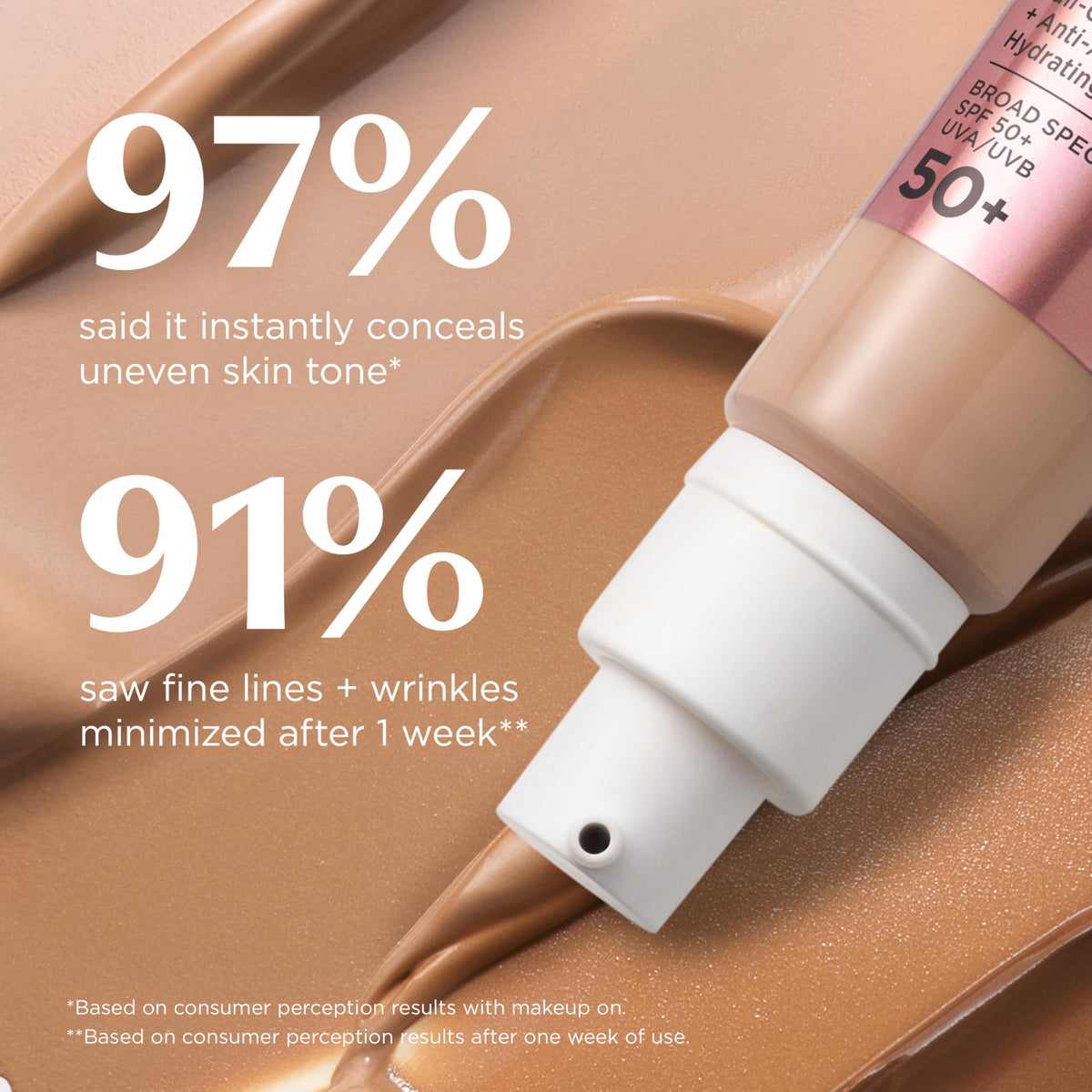 IT Cosmetics vanity lifestyle shot with bottle on sink showing daily SPF and glow routine