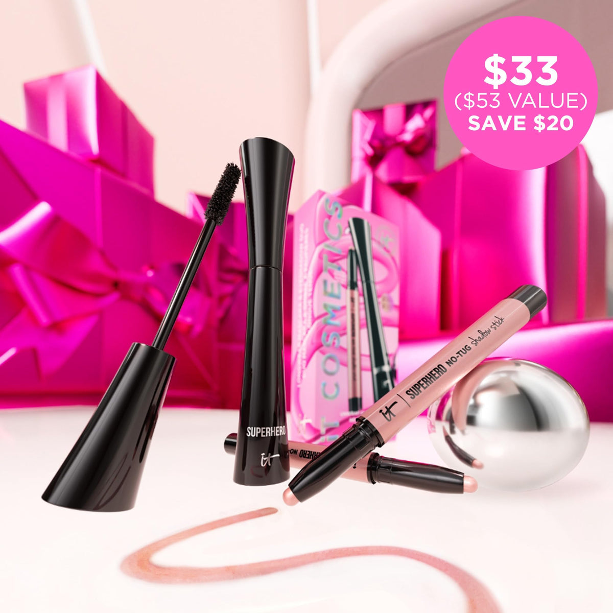 IT Cosmetics Glimmering Rose eyeshadow stick tip close-up showing creamy texture and light-reflecting finish