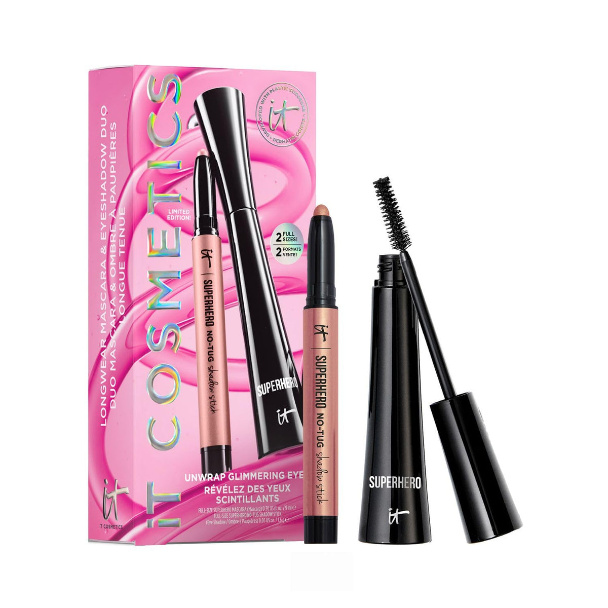 IT Cosmetics front packaging of the holiday glimmering eyes set showing elegant gift box and products