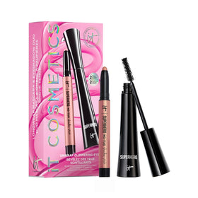 IT Cosmetics front packaging of the holiday glimmering eyes set showing elegant gift box and products