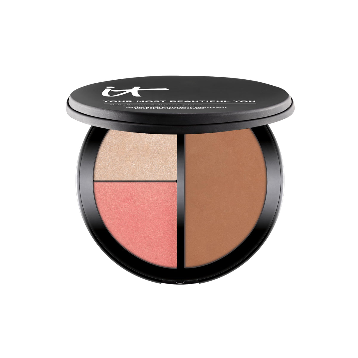 IT Cosmetics open palette showing bronzer luminizer blush for travel-ready convenience
