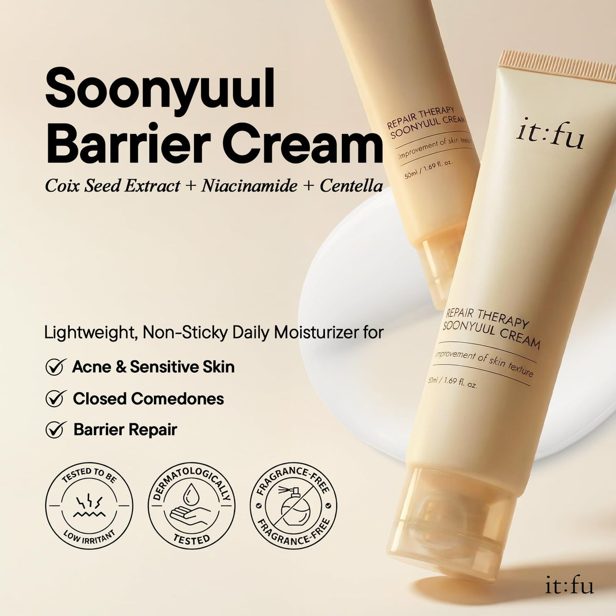 it:fu Soonyuul cream texture closeup demonstrating lightweight absorption