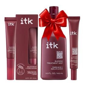 ITK front packaging showing three-piece acne travel kit benefits