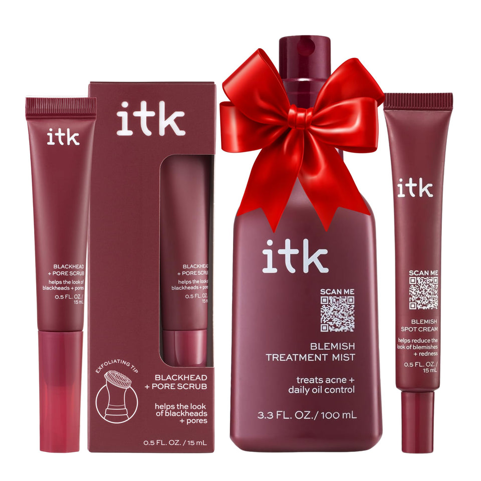 ITK front packaging showing three-piece acne travel kit benefits