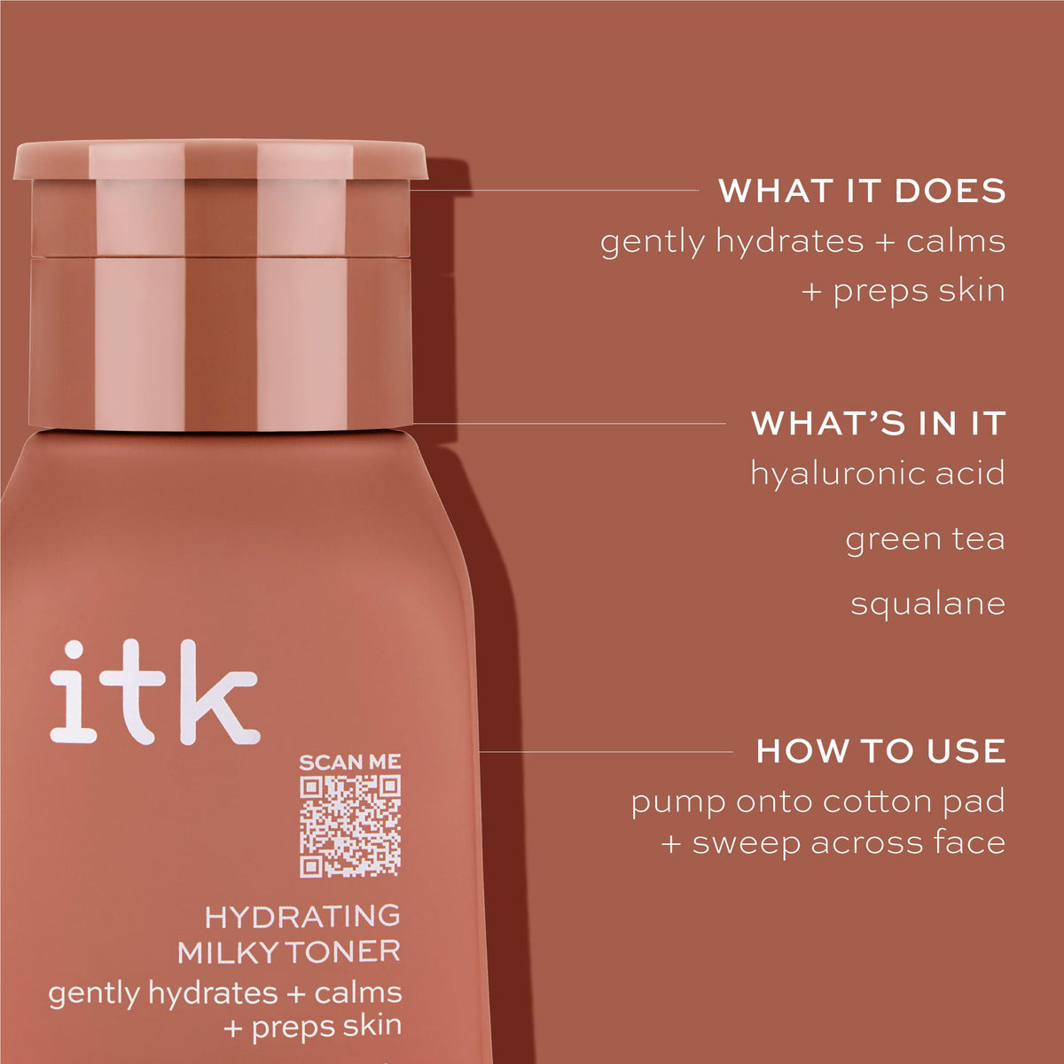 ITK green tea and squalane ingredients display emphasizing calming antioxidant and moisture support