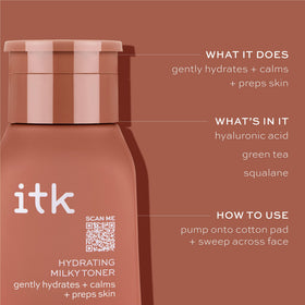 ITK green tea and squalane ingredients display emphasizing calming antioxidant and moisture support