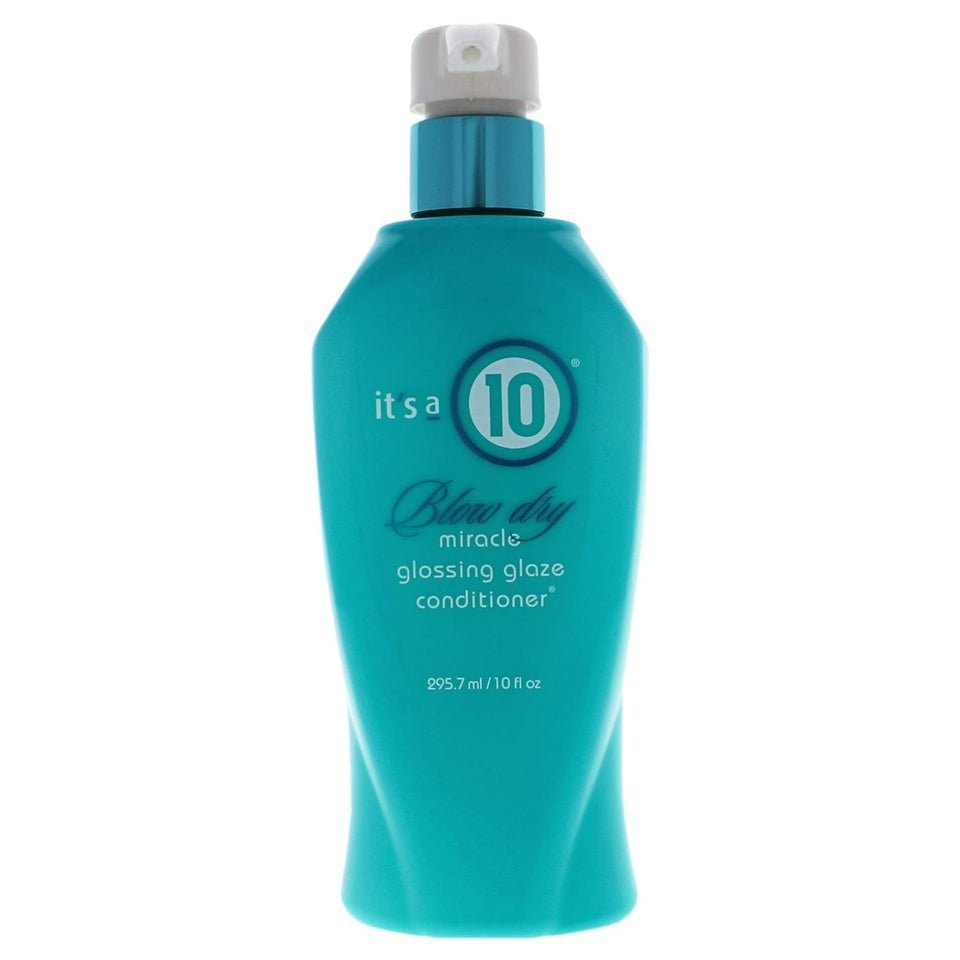 It's a 10 front bottle view showing glossy conditioner for radiant shine