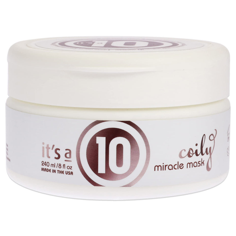 It's A 10 Coily Miracle Hair Mask front packaging showing 8 oz jar and benefits