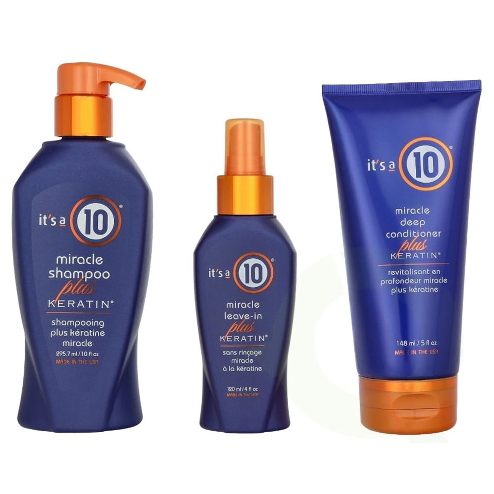 It's a 10 Haircare trio front packaging showing products and strengthening benefits
