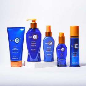 It's a 10 leave-in spray in hand showing detangling and heat protection