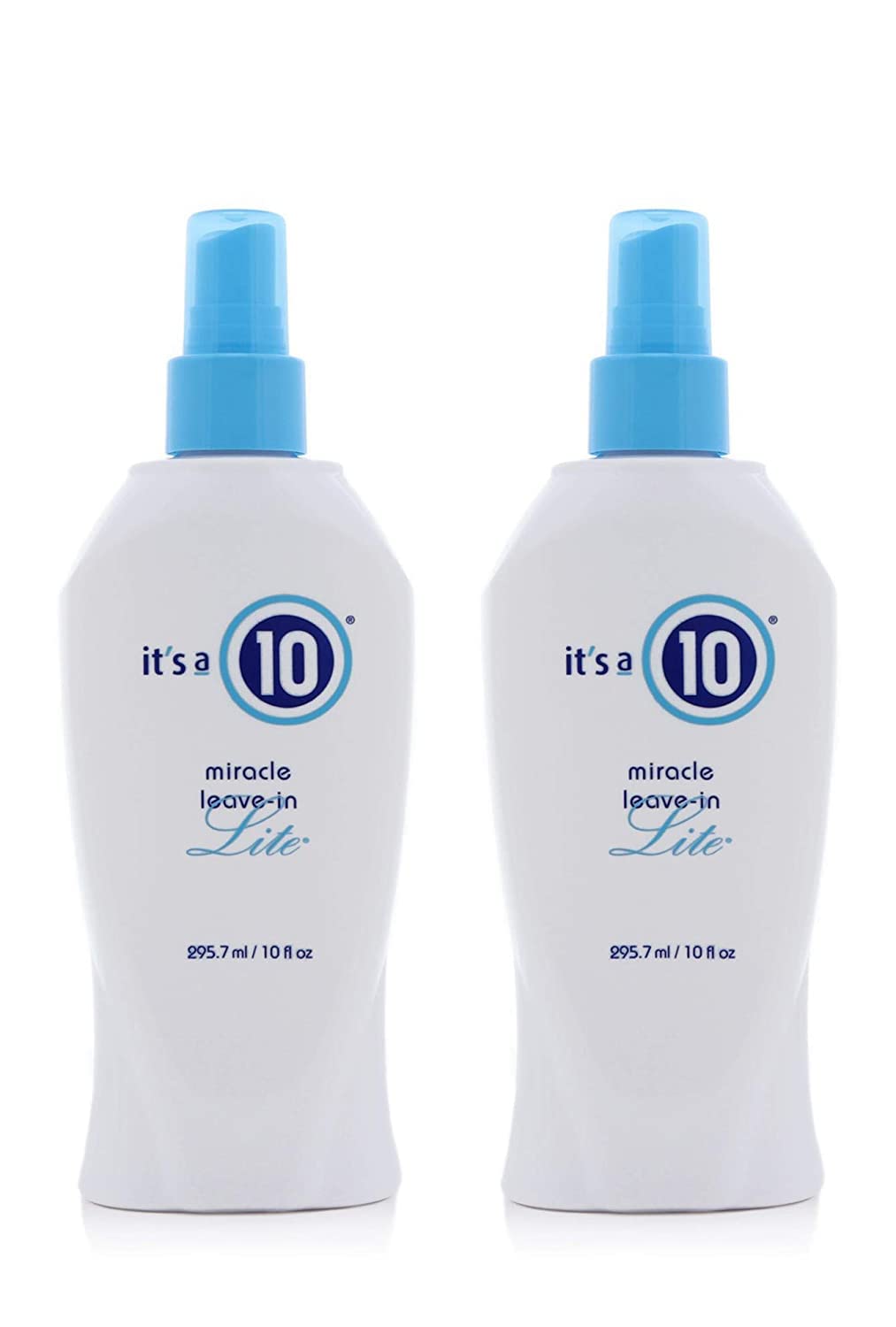 It's a 10 Haircare front bottle pack shows twin 10 oz bottles, clear labeling and benefit