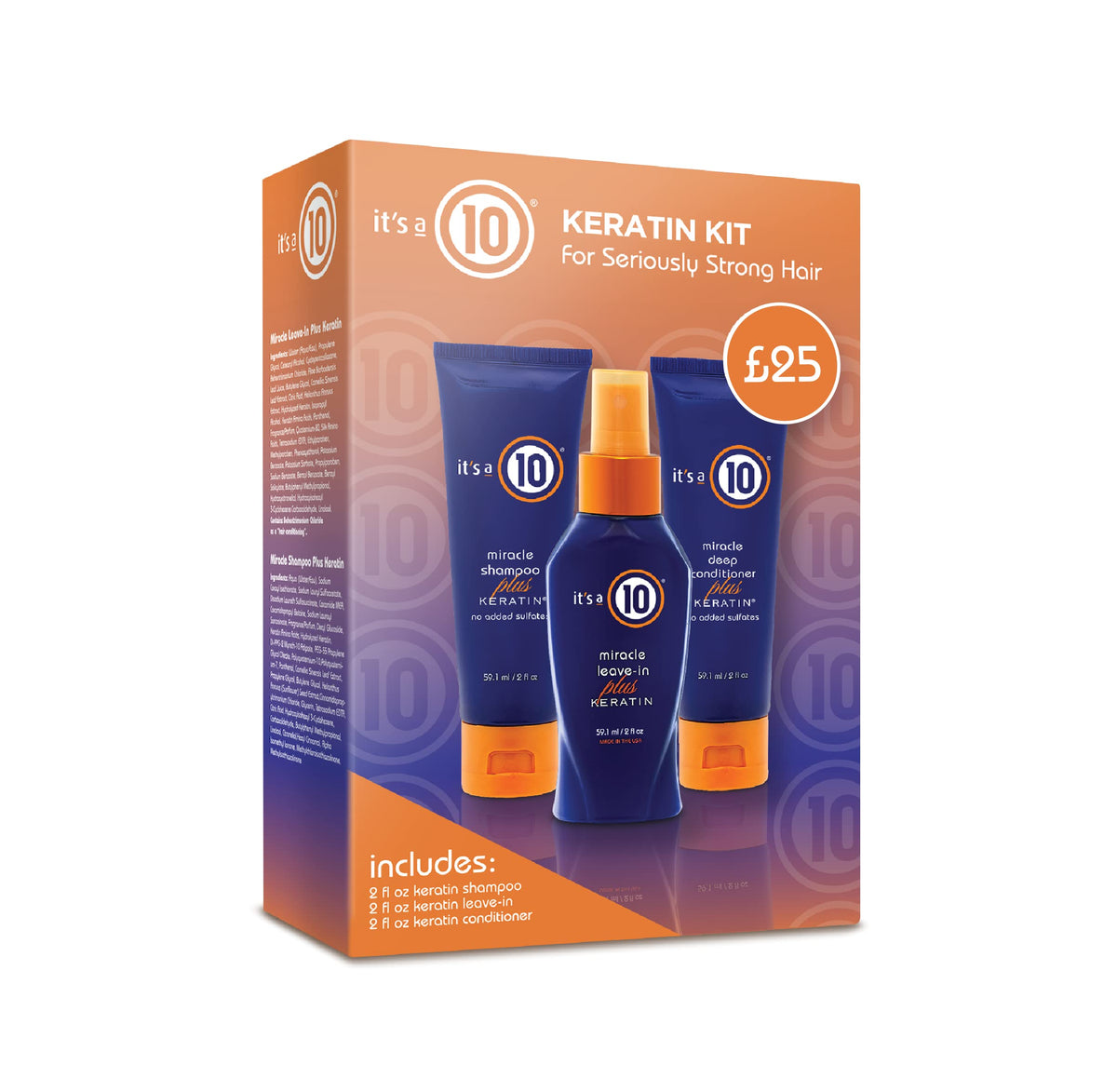 It's a 10 front packaging showing three travel bottles and benefits