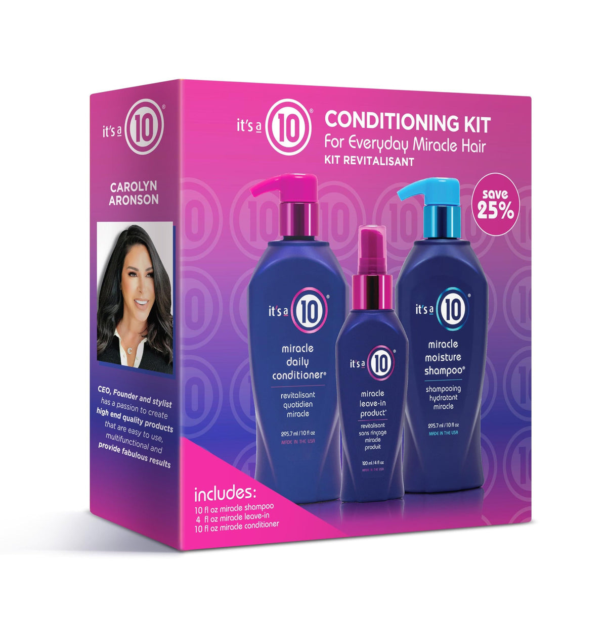 It's a 10 front packaging showing trio bottles and travel convenience