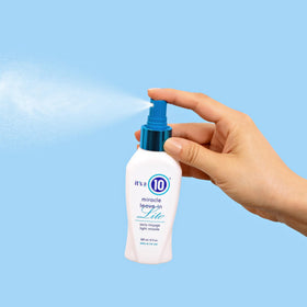It's A 10 pump dispenser close-up highlighting label and travel size benefit
