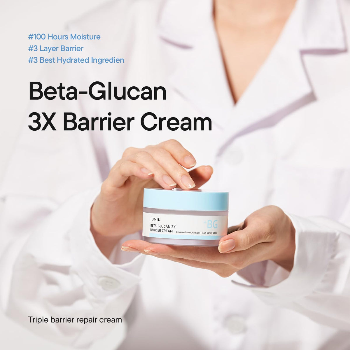 IUNIK ingredient concept shot with beta-glucan bottle highlighting barrier benefits