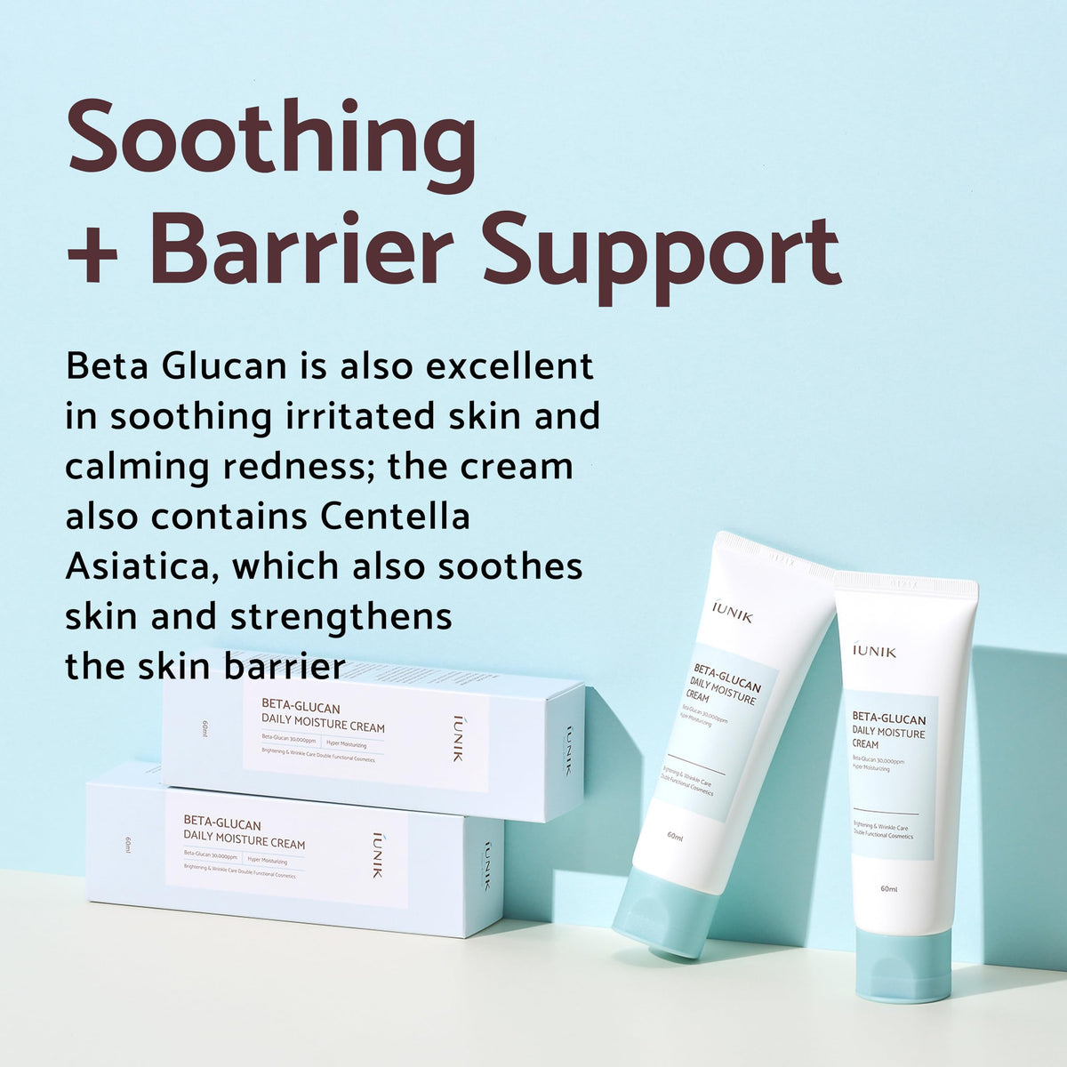 IUNIK cream next to sunscreen showing daytime layering benefit