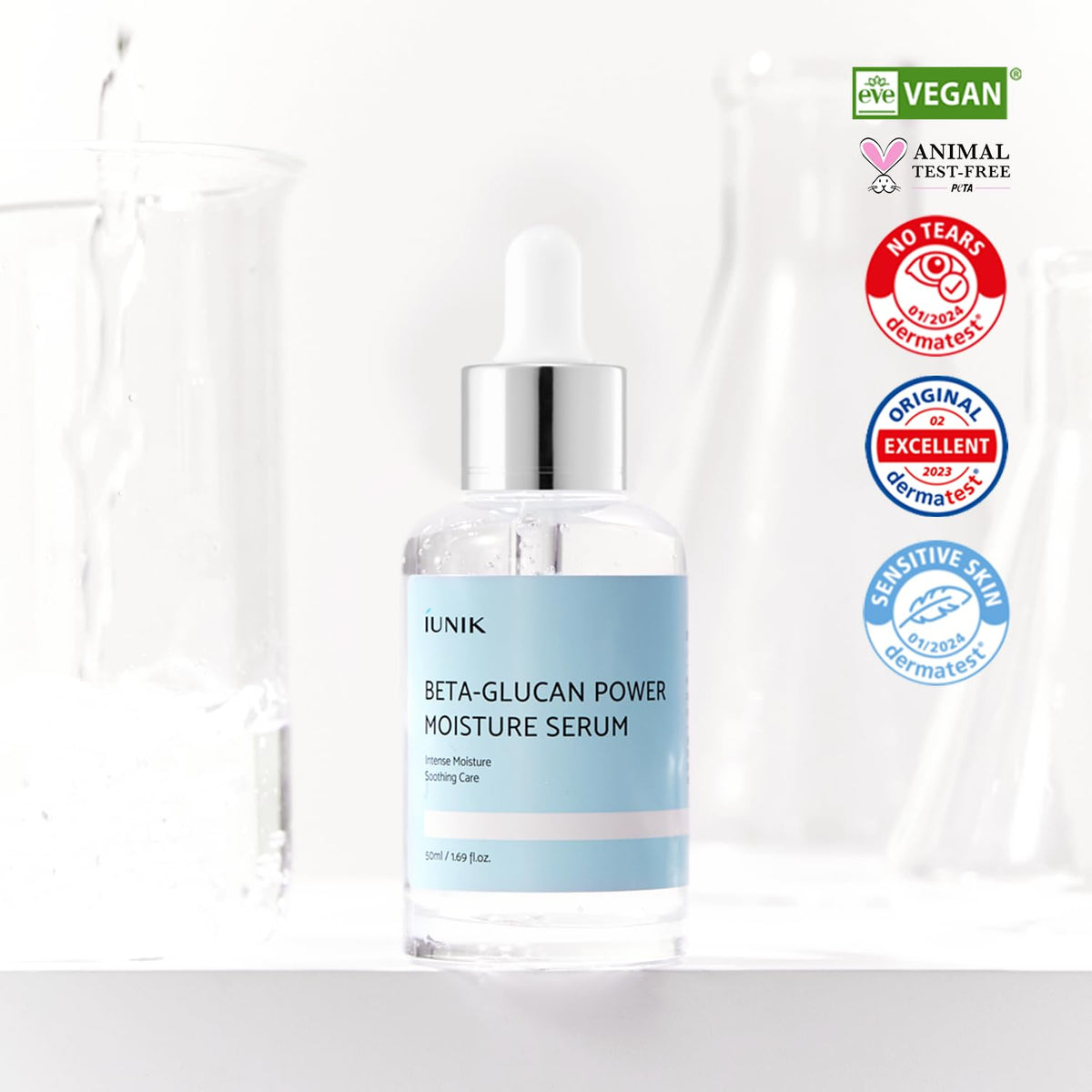 IUNIK bottle beside a coin showing 50ml scale and travel-friendly benefit