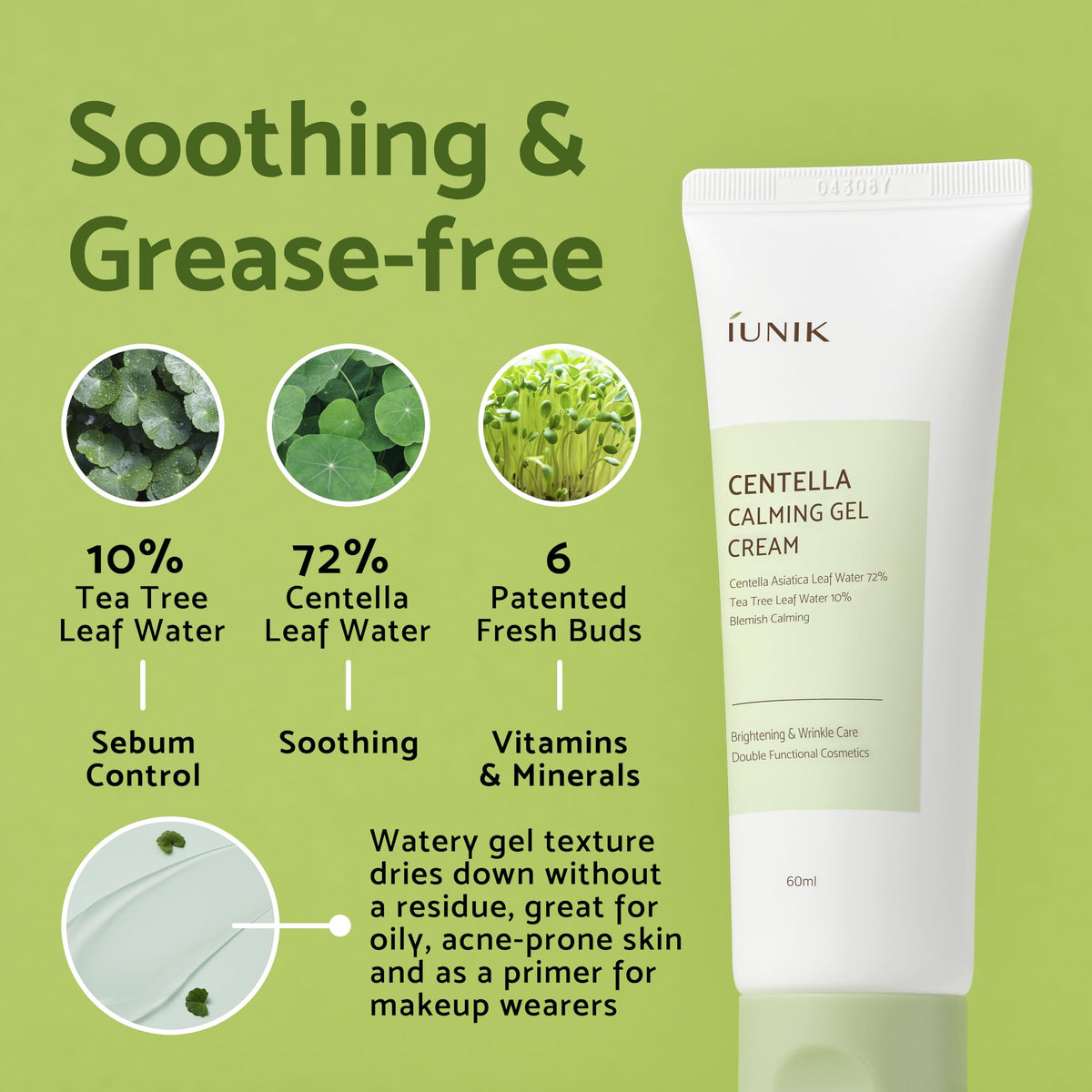 IUNIK ingredient label detail showing Centella and Tea Tree water percentages and clarity