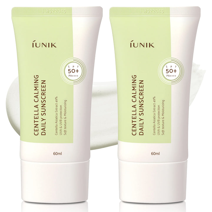 IUNIK front packaging showing SPF 50+ and calming benefits