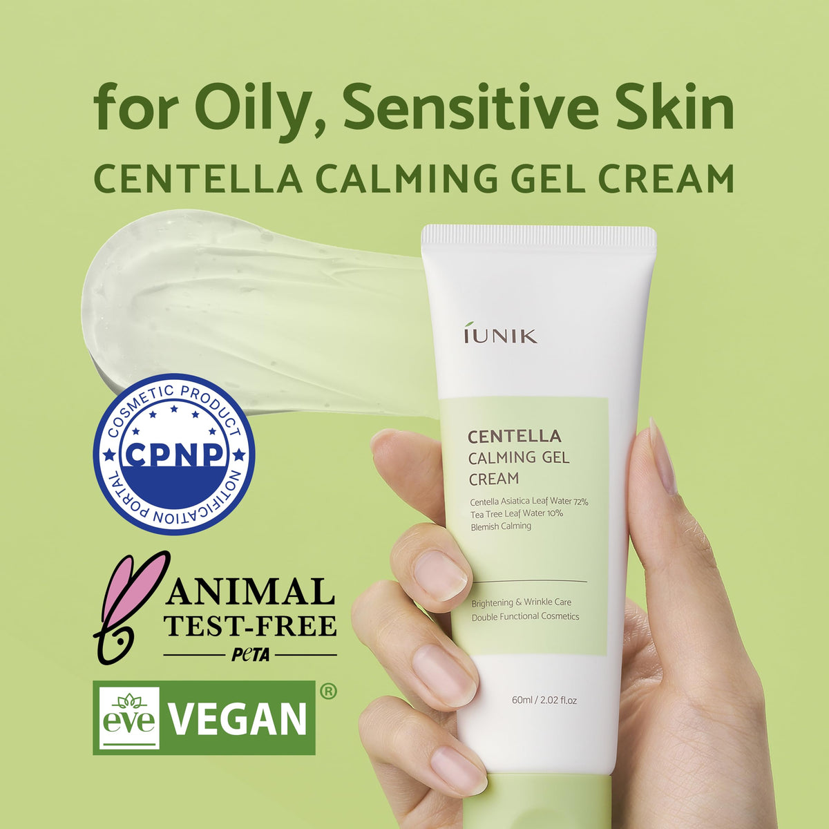 IUNIK texture close-up of gel cream showing lightweight absorbent finish for comfort