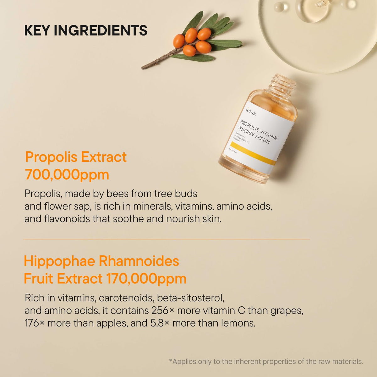 IUNIK ingredient label highlighting propolis and sea buckthorn vitamins