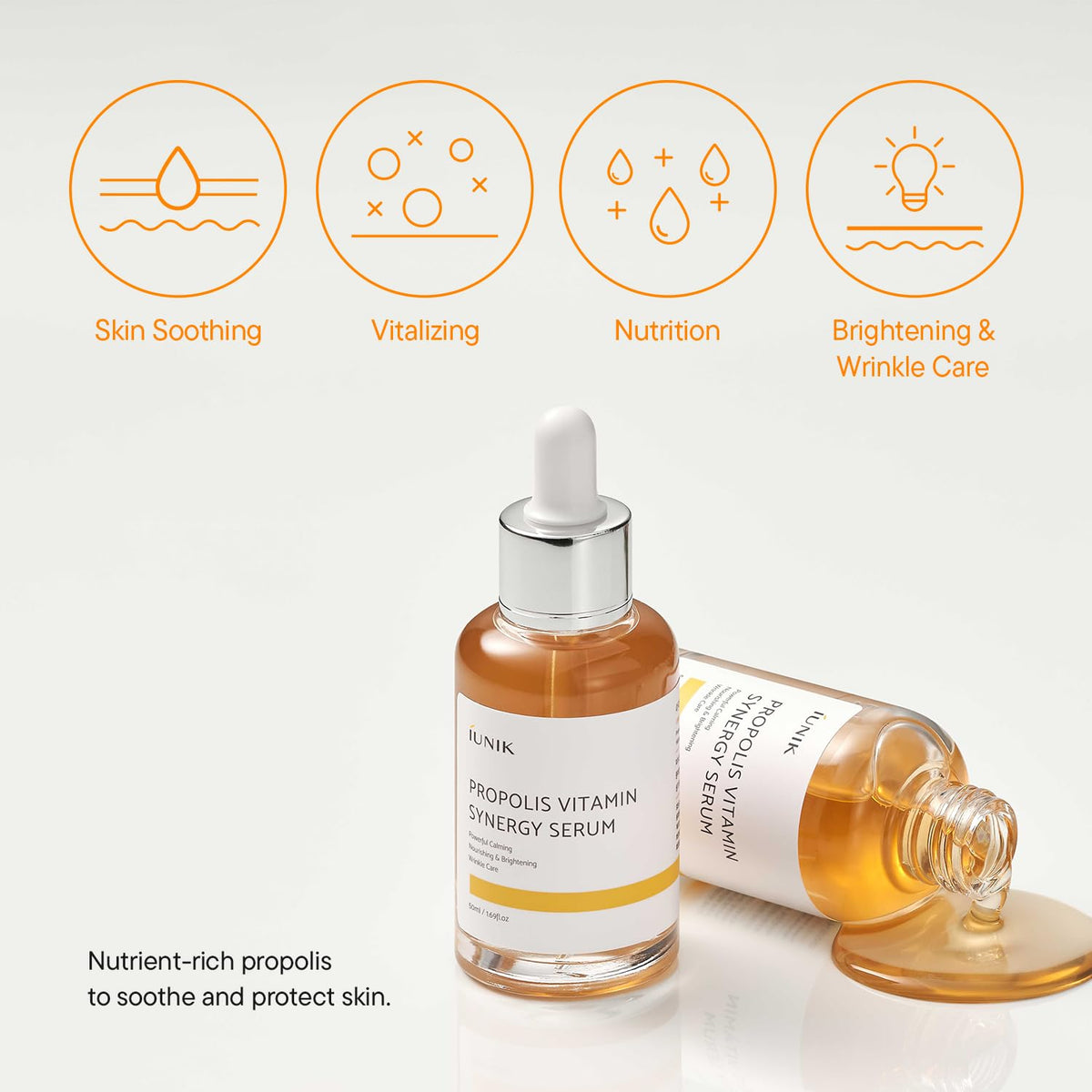 IUNIK propolis serum droplet texture demonstrating lightweight absorption