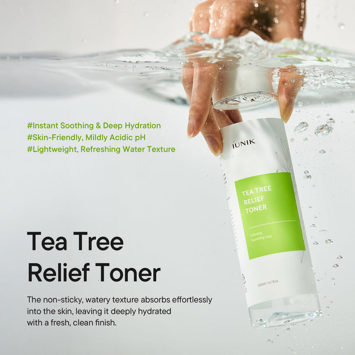 IUNIK close-up of the toner label highlighting ingredients and gentle formulation benefits