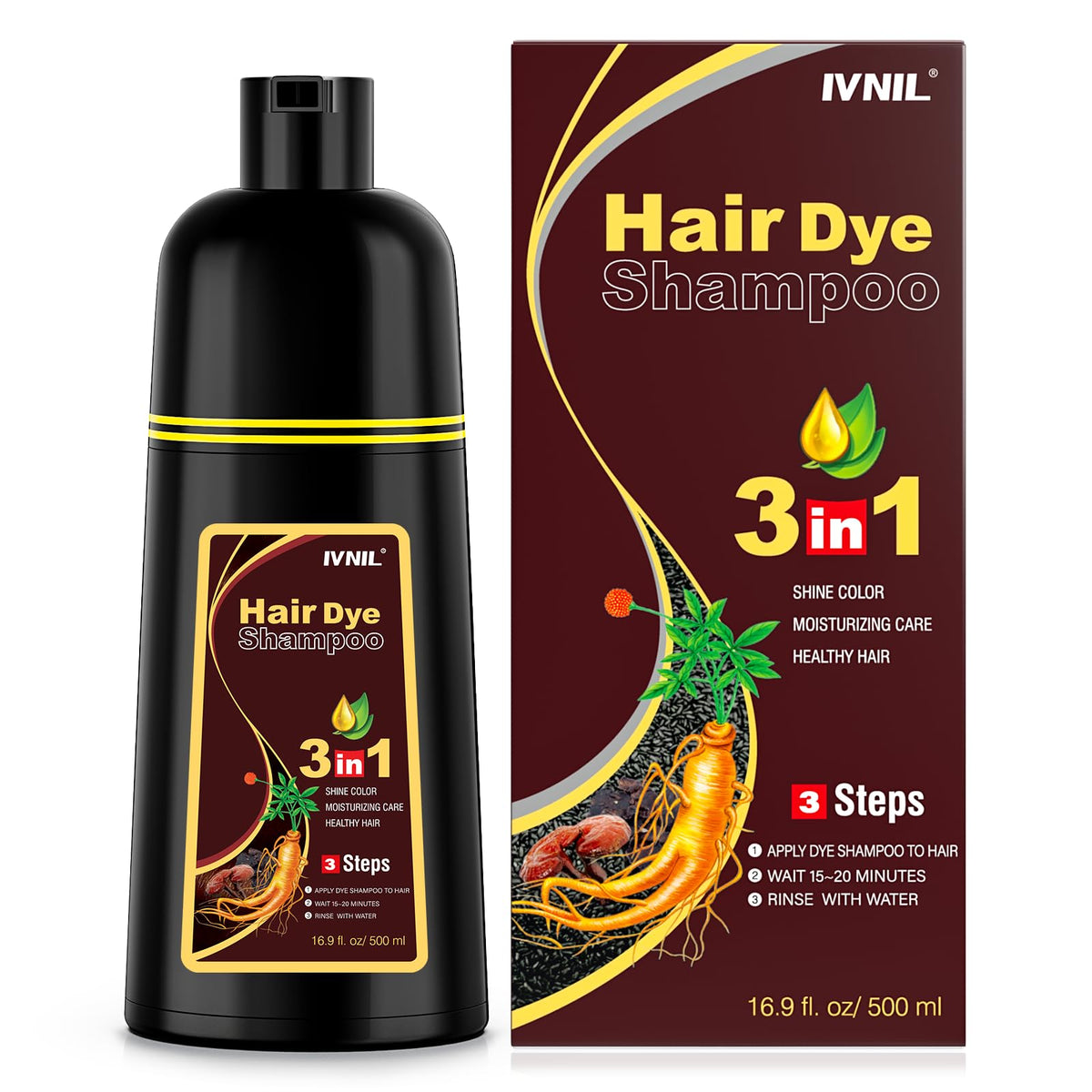 Ivnil front packaging showing dark brown shade and benefits