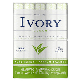 Ivory aloe front packaging showing brand and ten bath-size bars for affordable family clean