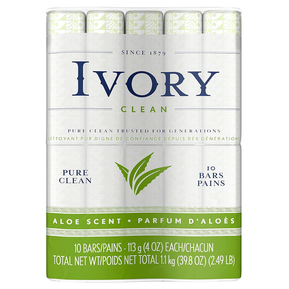 Ivory aloe front packaging showing brand and ten bath-size bars for affordable family clean