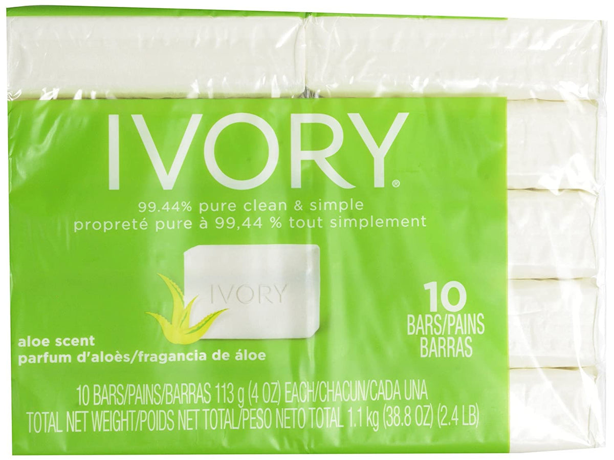 Ivory aloe bar size comparison in hand showing bath-size scale and value pack