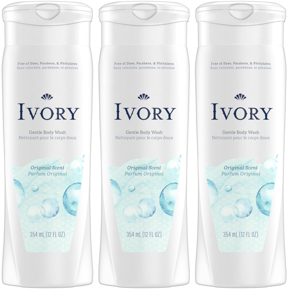 Ivory bottle front packaging showing Original scent and clear benefits