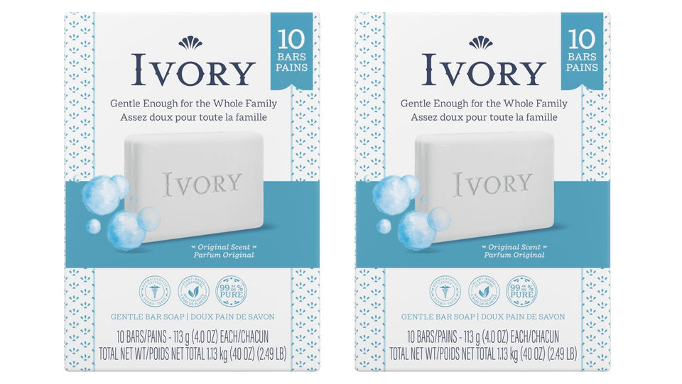 Ivory front packaging showing 20 bars and clean branding benefit economy