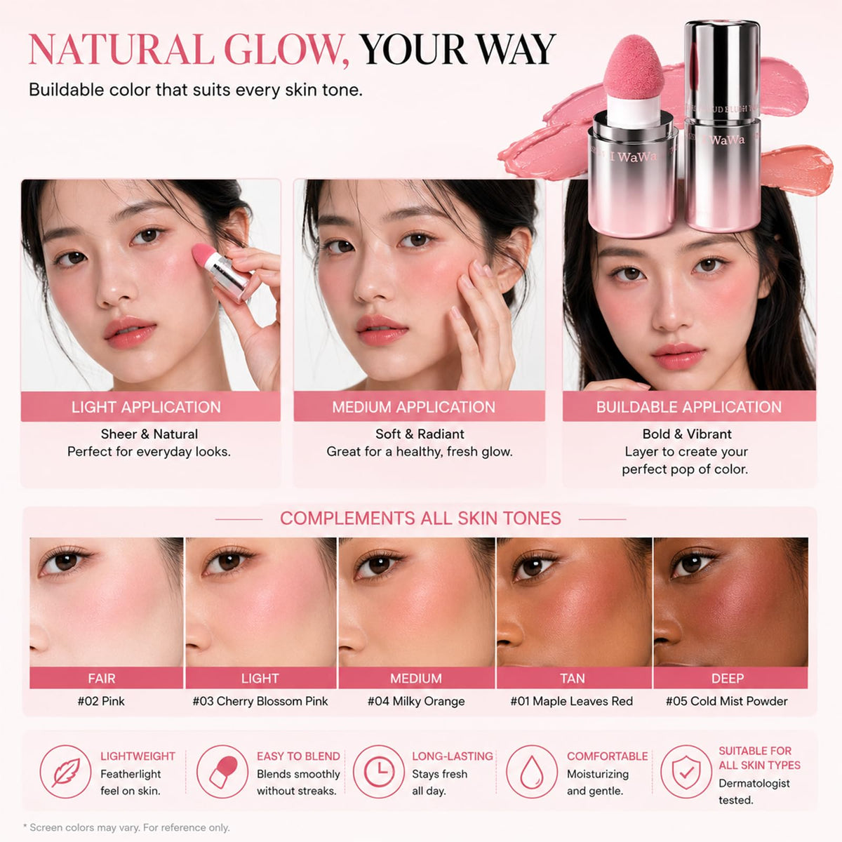 IWAWA on model cheek shot showing natural radiant flush and everyday wear