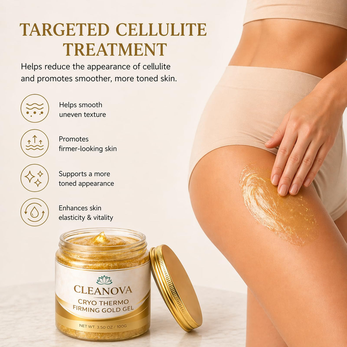 Iwhact Cleanova being applied to thigh illustrating targeted cellulite smoothing and massage benefits