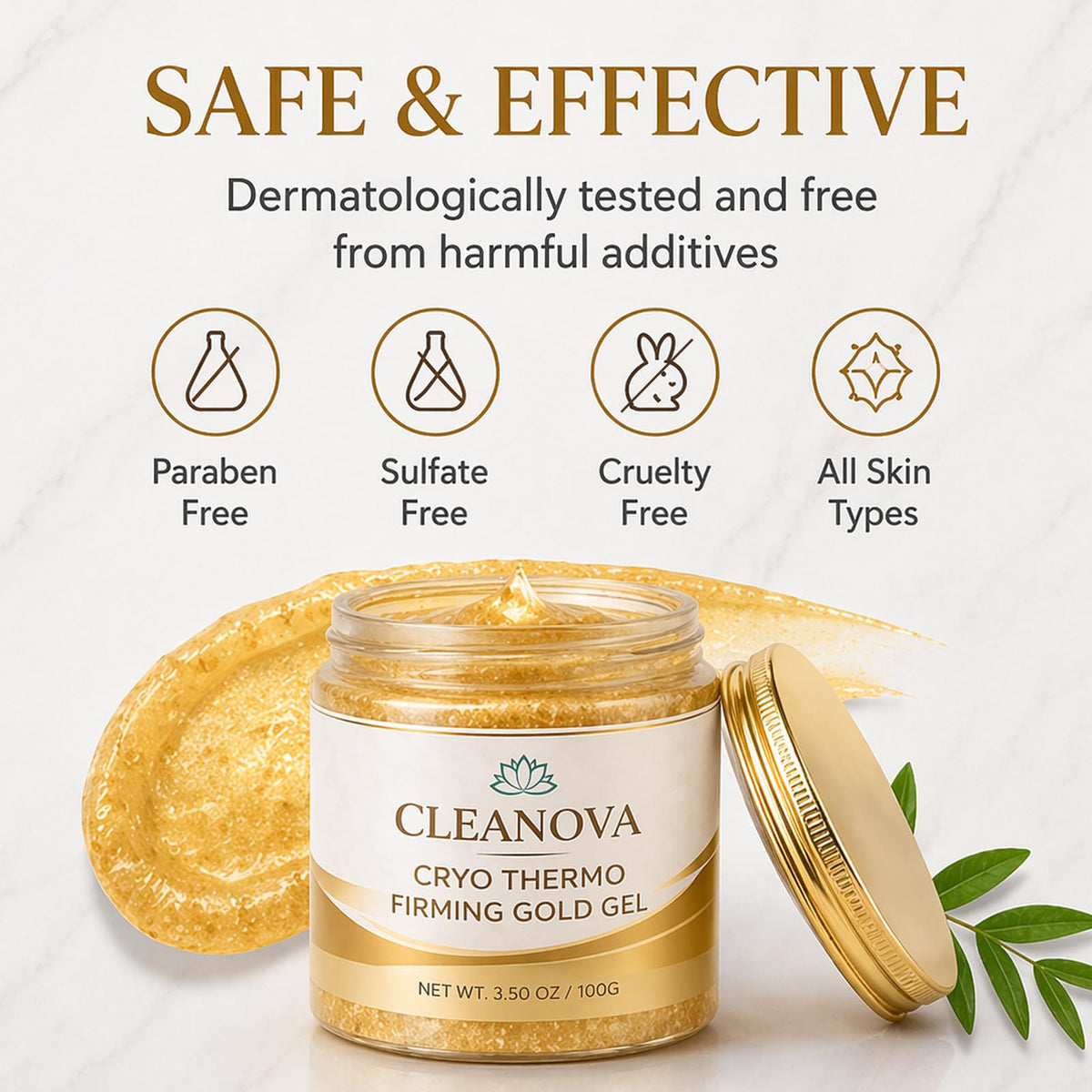 Iwhact Cleanova label detail highlighting gold-infused formula and dermatologically tested claim for informed use